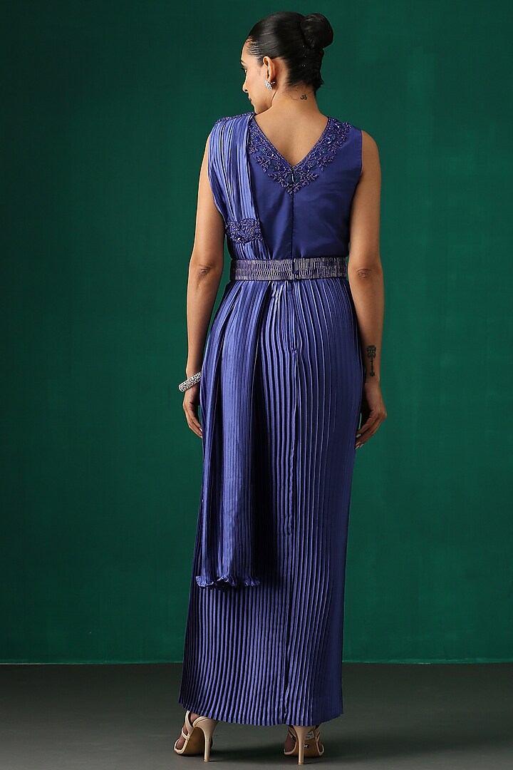Midnight Blue Embroidered Pre-Draped Party Wear Saree Set by MINAKI WOMANZ at Pernia's Pop Up Shop