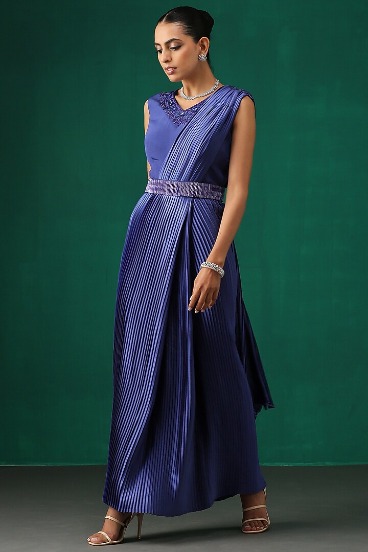 Midnight Blue Embroidered Pre-Draped Party Wear Saree Set by MINAKI WOMANZ at Pernia's Pop Up Shop
