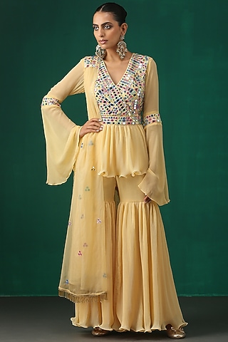 Dark Cream Pleated Georgette Sharara Set by MINAKI WOMANZ