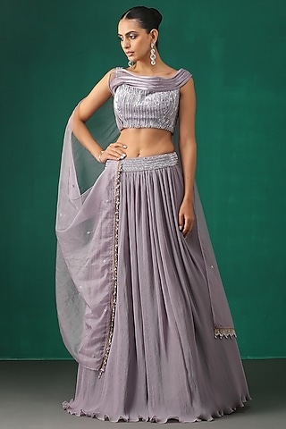 Lilac Embroidered Lehenga Set by MINAKI WOMANZ