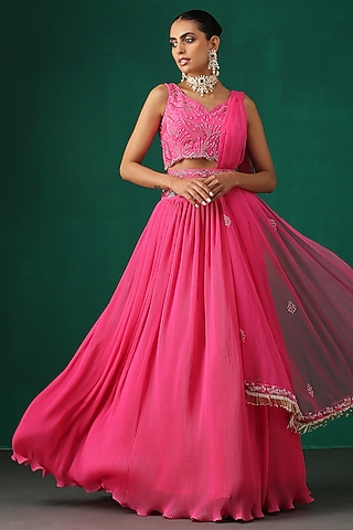 Fuchsia Hand Embroidered Lehenga Set by MINAKI WOMANZ