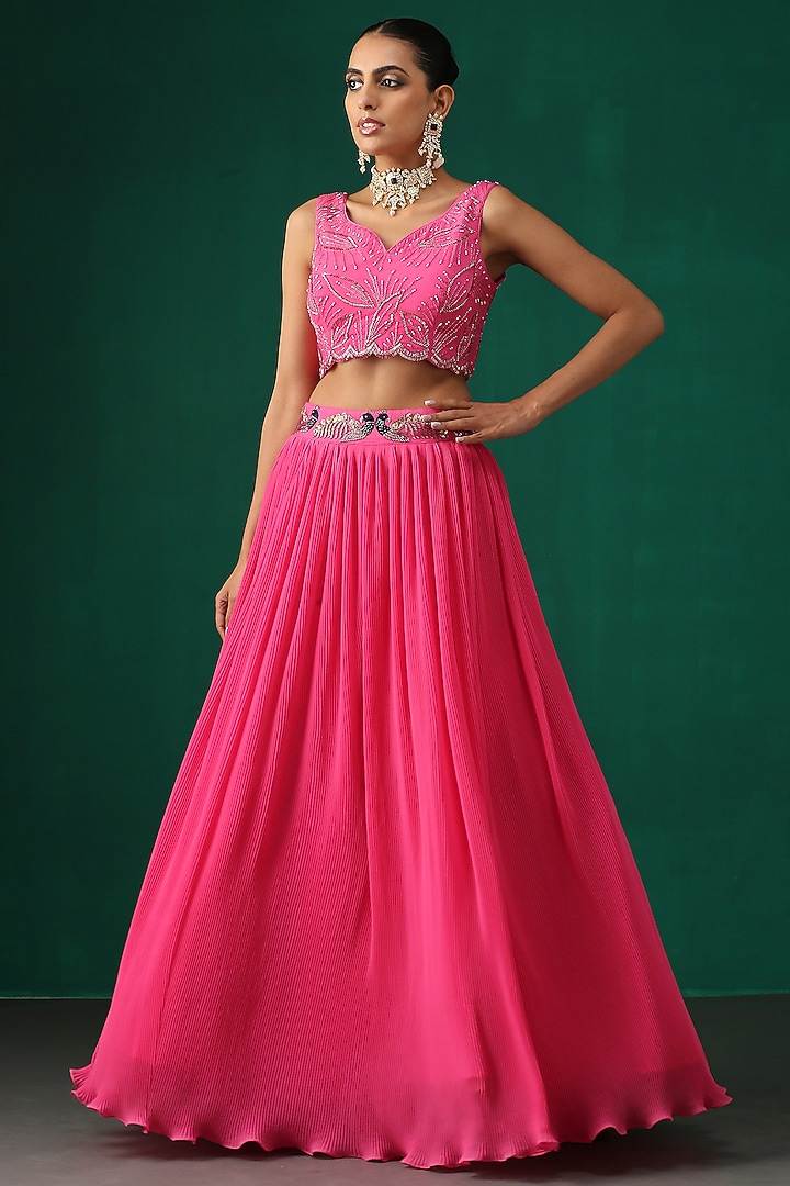 Fuchsia Hand Embroidered Wedding Lehenga Set by MINAKI WOMANZ at Pernia's Pop Up Shop
