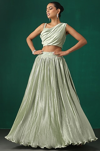 Sea Green Hand Embroidered Lehenga Set by MINAKI WOMANZ