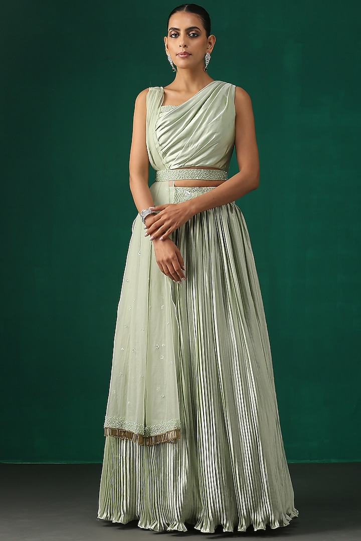 Sea Green Hand Embroidered Wedding Lehenga Set by MINAKI WOMANZ at Pernia's Pop Up Shop