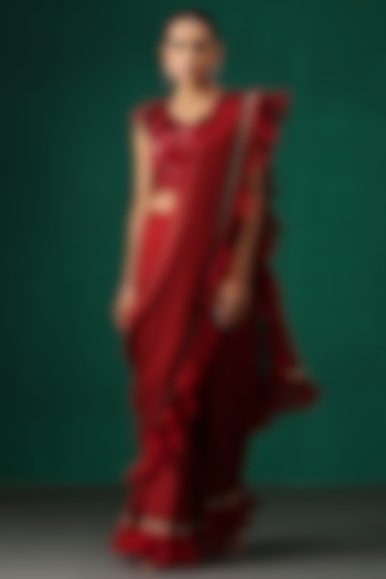 Maroon Embroidered Pre-Draped Saree Set by MINAKI WOMANZ