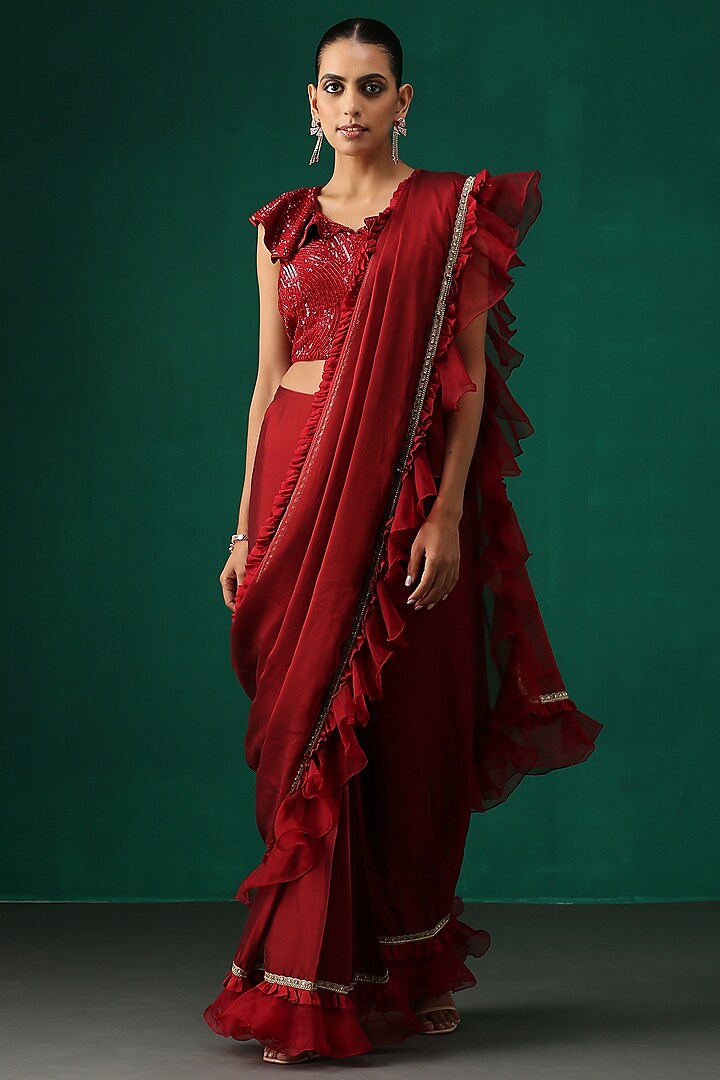 Maroon Embroidered Pre-Draped Saree Set by MINAKI WOMANZ