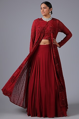 Maroon Hand Embroidered Jacket Set by MINAKI WOMANZ
