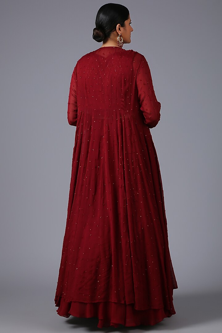 Maroon Hand Embroidered Jacket Set by MINAKI WOMANZ at Pernia's Pop Up Shop