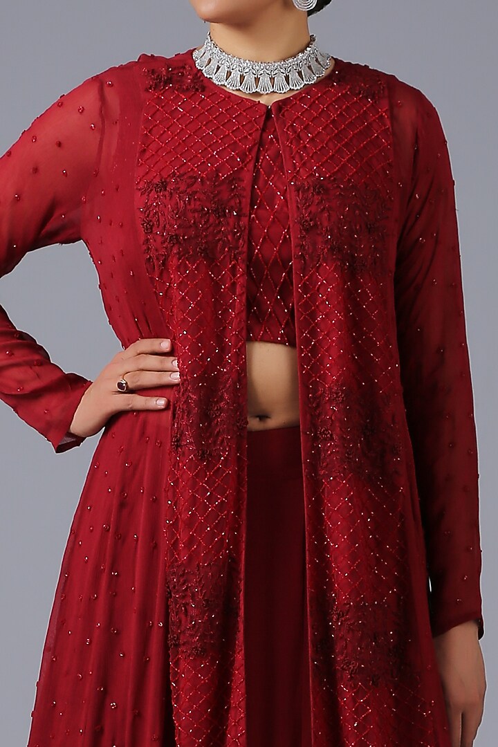 Maroon Hand Embroidered Jacket Set by MINAKI WOMANZ at Pernia's Pop Up Shop