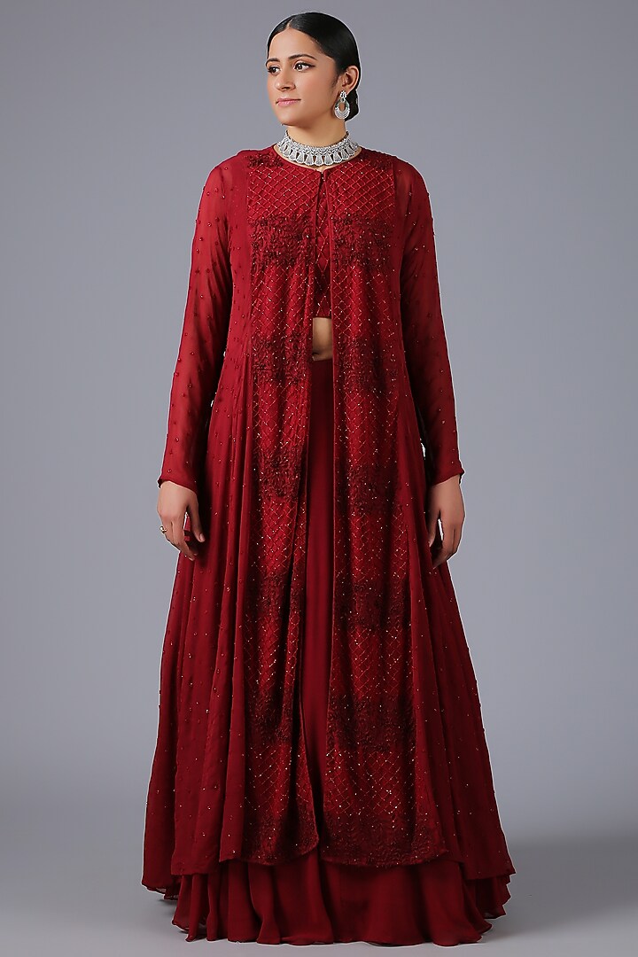Maroon Hand Embroidered Jacket Set by MINAKI WOMANZ at Pernia's Pop Up Shop