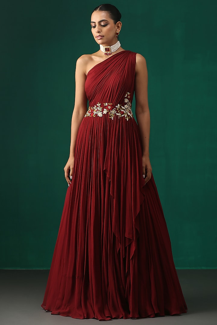 Maroon Hand Embroidered Gown by MINAKI WOMANZ