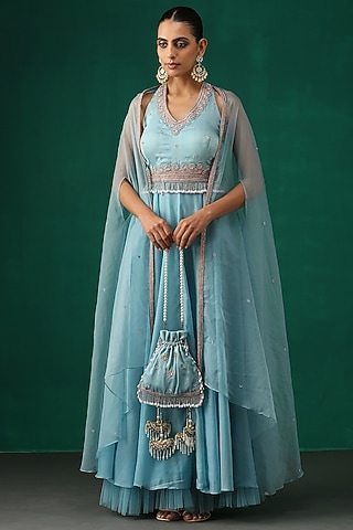 Aqua Hand Embroidered Anarkali Set by MINAKI WOMANZ