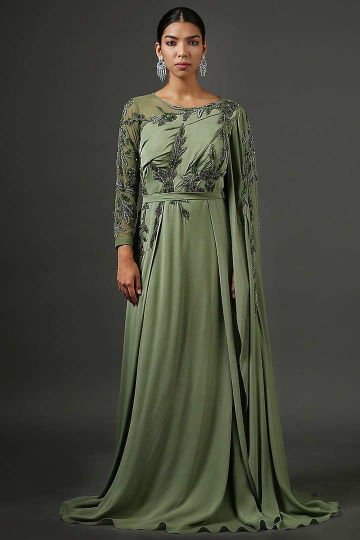 Olive Green Embroidered Gown With Belt by MINAKI WOMANZ