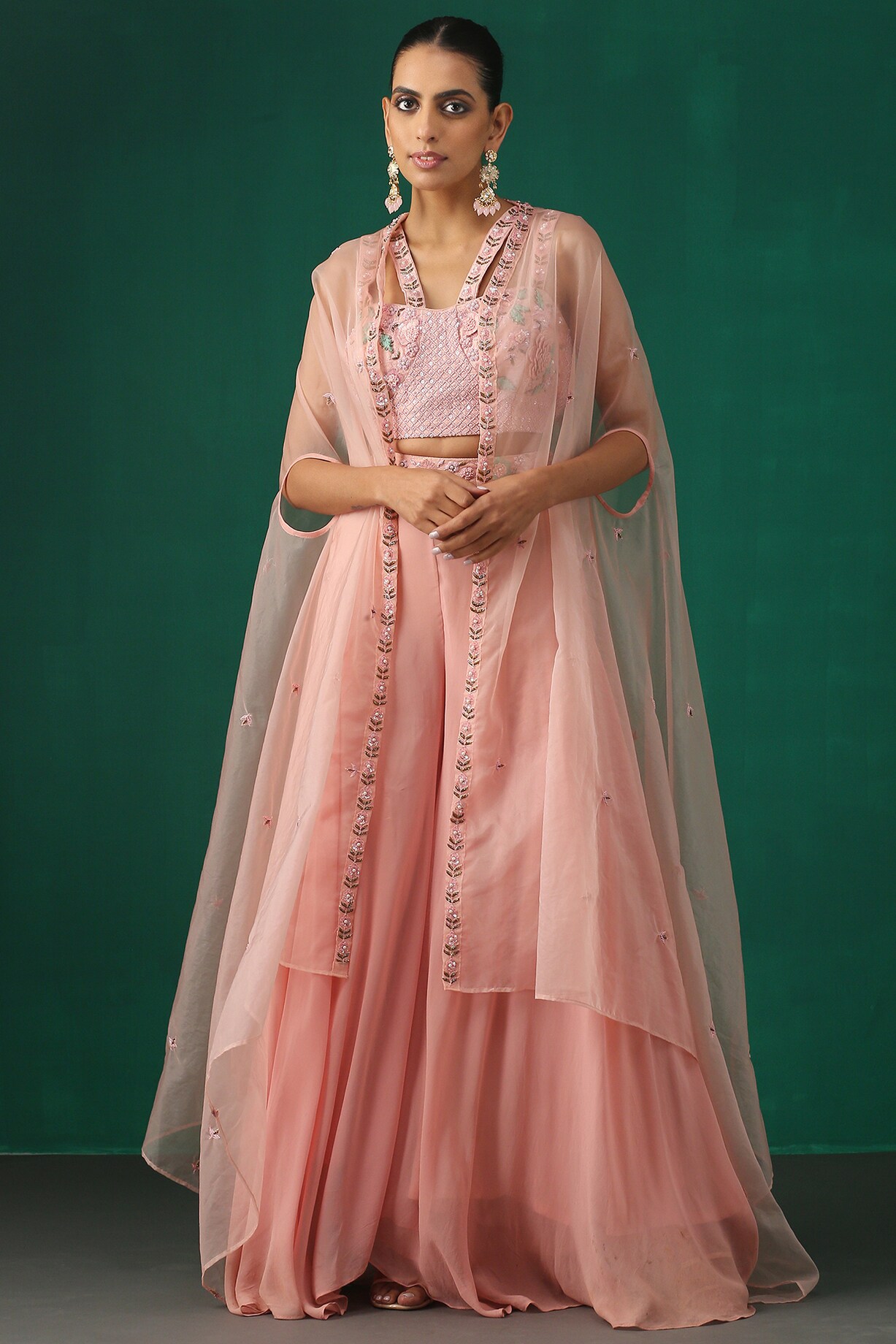 Pink Embroidered Cape & Cross Stitch Skirt Set main image 1