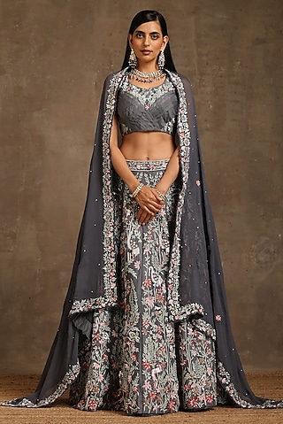Grey Chanderi Embroidered Lehenga Set by MINAKI WOMANZ