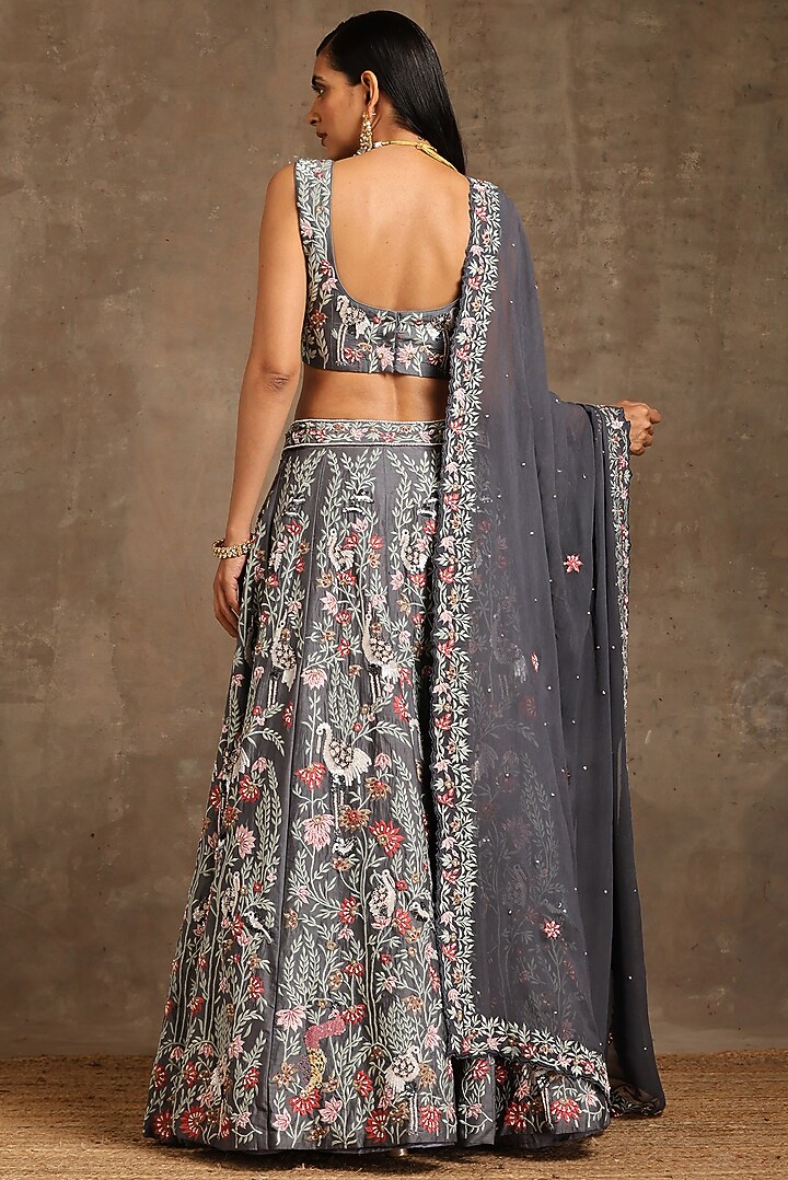 Grey Chanderi Embroidered Bridal Lehenga Set by MINAKI WOMANZ at Pernia's Pop Up Shop