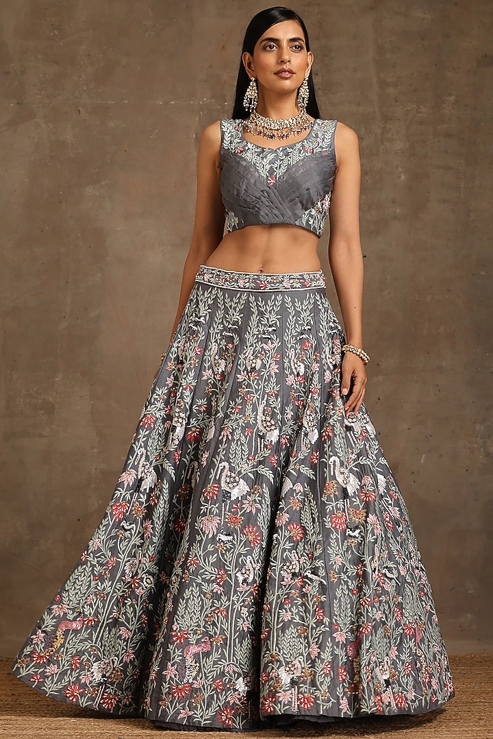 Grey Chanderi Embroidered Bridal Lehenga Set by MINAKI WOMANZ at Pernia's Pop Up Shop