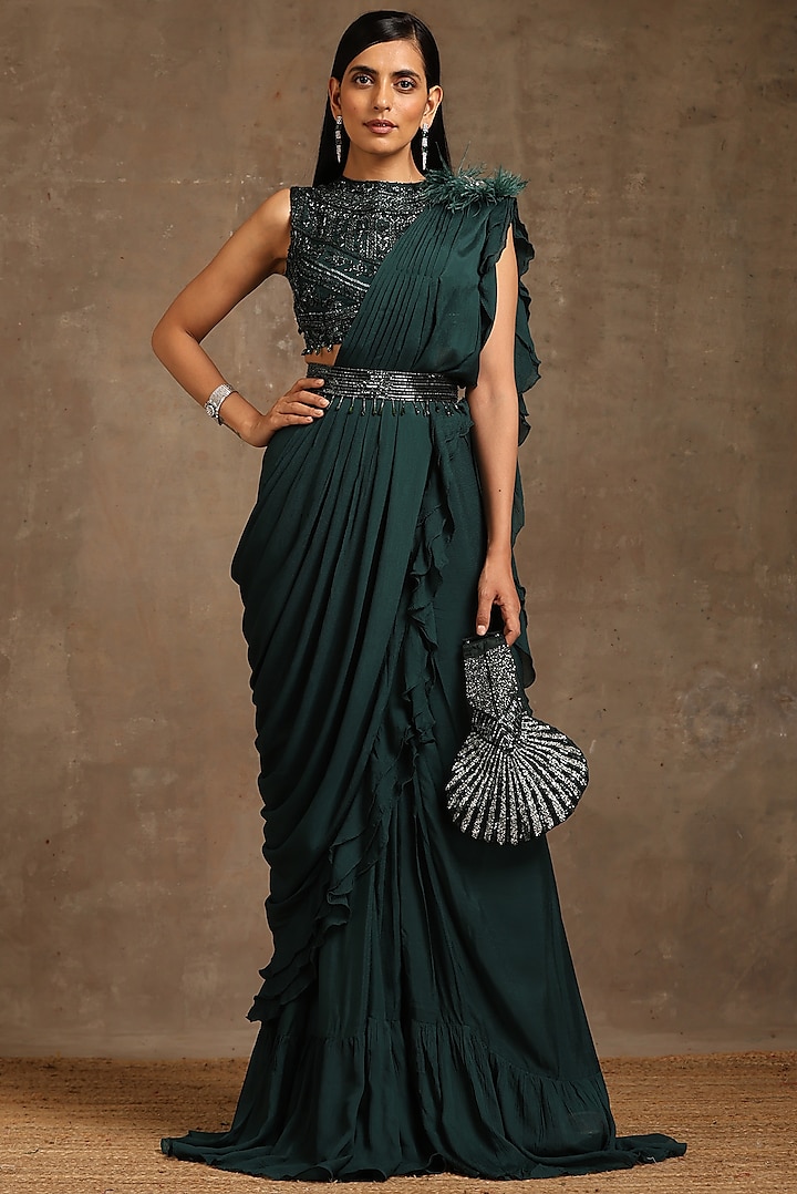 Bottle Green Georgette & Crepe Draped Saree Set
 by MINAKI WOMANZ at Pernia's Pop Up Shop