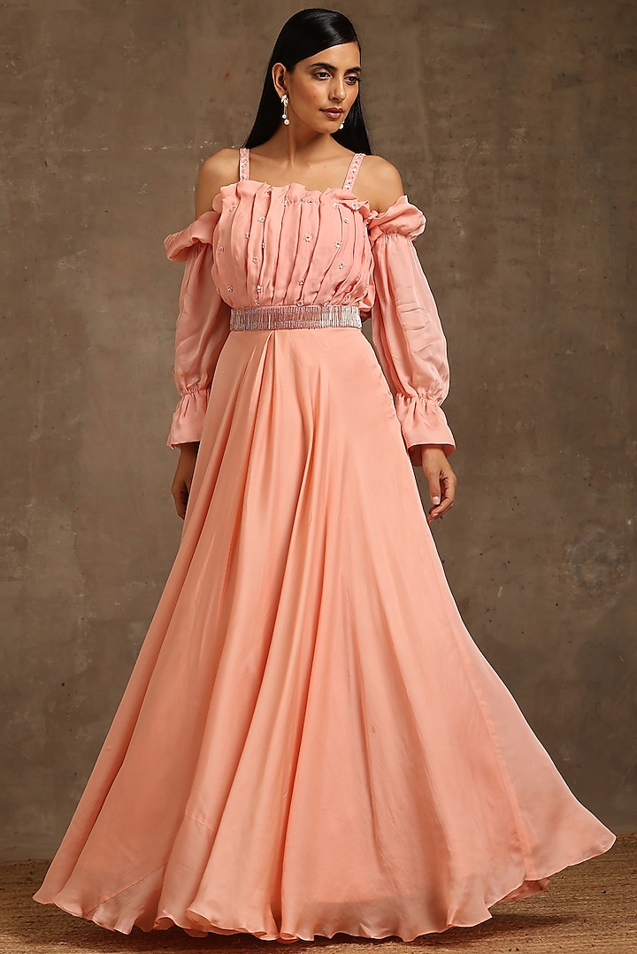 Peach Pure Satin Embroidered Gown by MINAKI WOMANZ