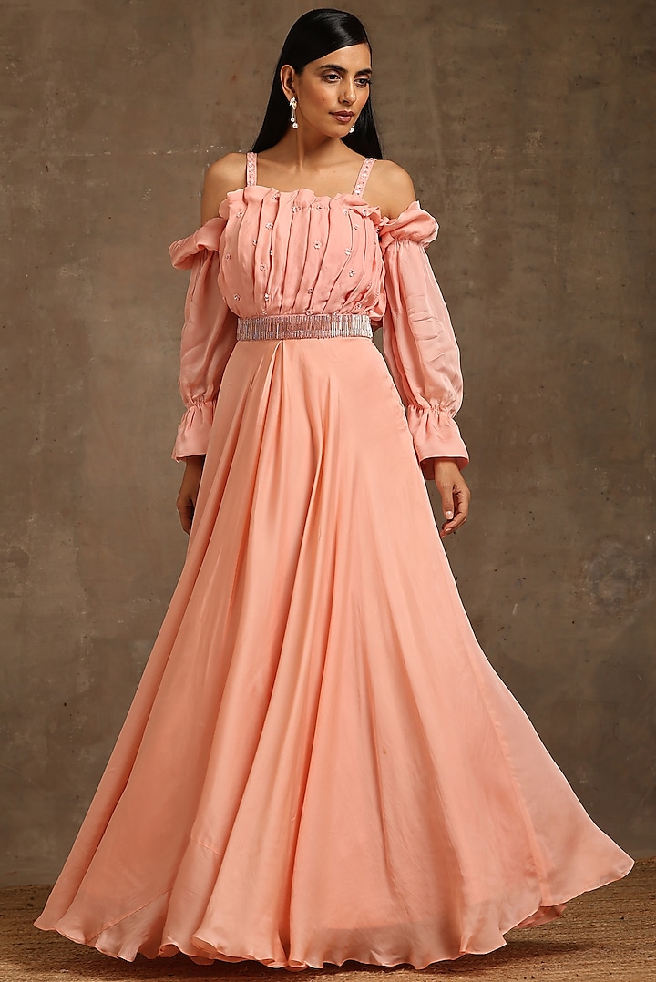 Peach Pure Satin Embroidered Gown by MINAKI WOMANZ at Pernia's Pop Up Shop