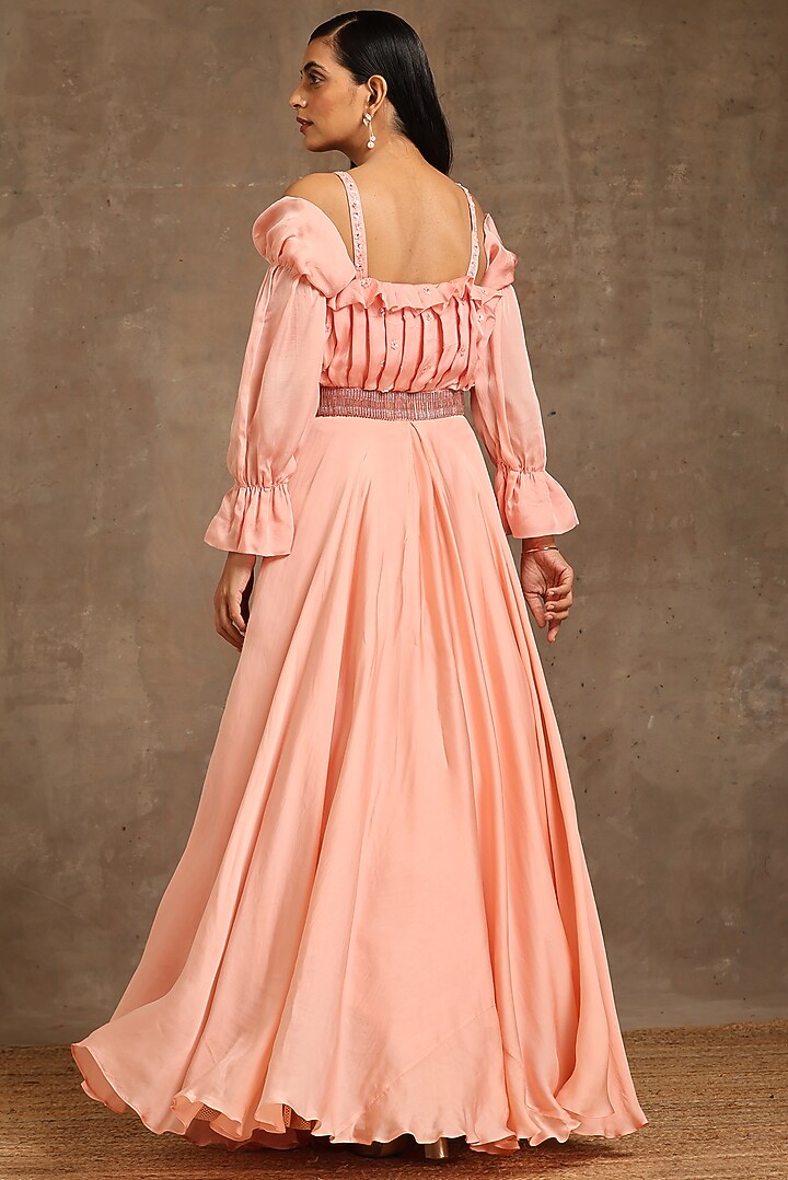Peach Pure Satin Embroidered Party Wear Gown by MINAKI WOMANZ at Pernia's Pop Up Shop