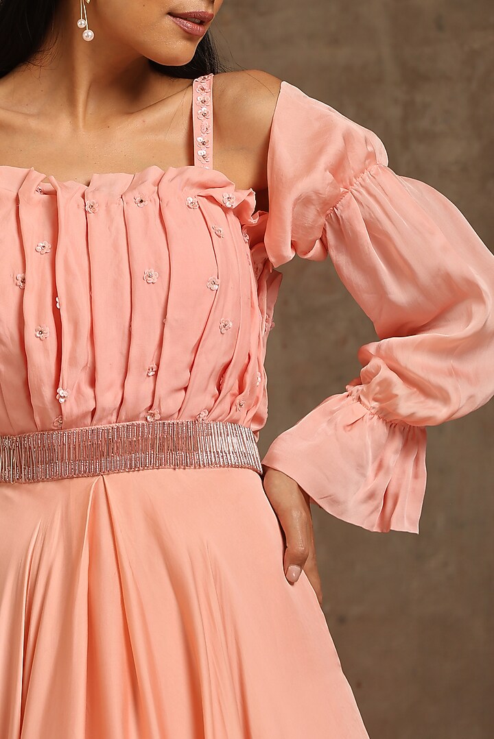 Peach Pure Satin Embroidered Party Wear Gown by MINAKI WOMANZ at Pernia's Pop Up Shop