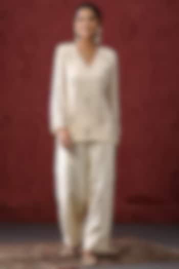 Ivory Silk Trouser Set by MINAKI WOMANZ