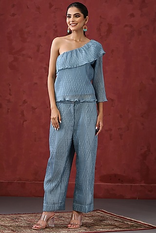 Aqua Blue Organza Co-Ord Set by MINAKI WOMANZ