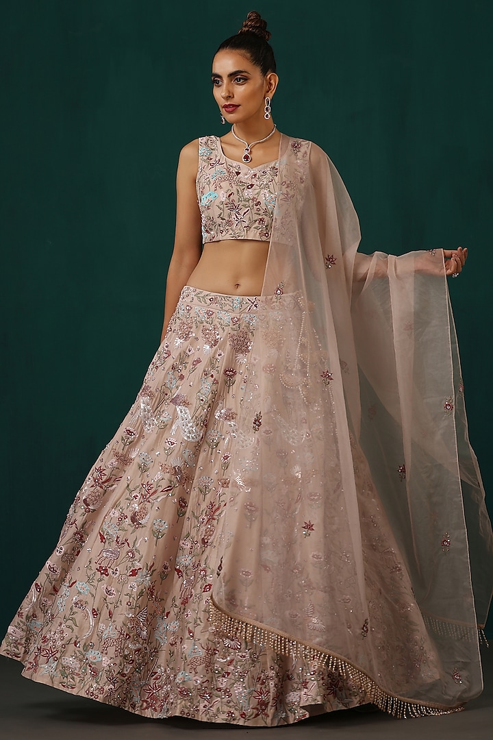 Pink Chanderi & Organza Hand Embroidered Lehenga Set by MINAKI WOMANZ