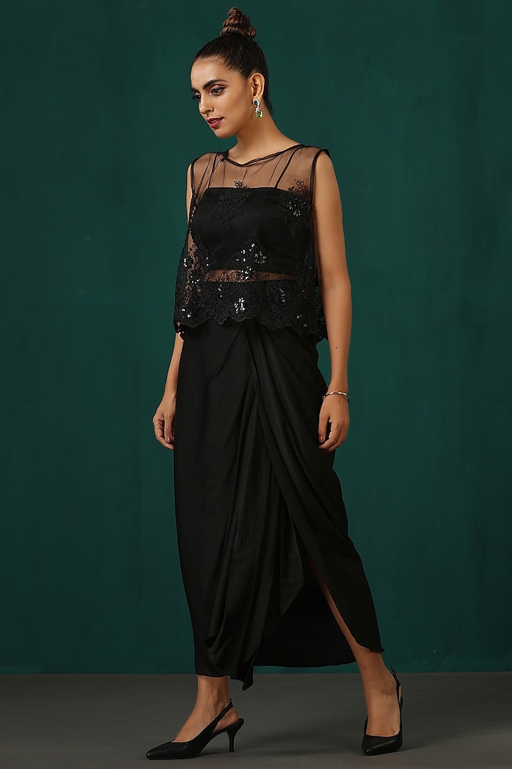 Black Pure Satin Draped Skirt Set by MINAKI WOMANZ at Pernia's Pop Up Shop