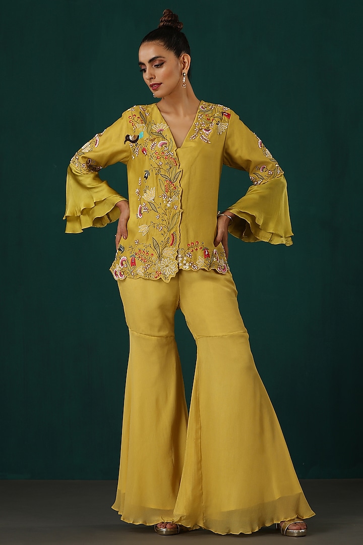 Yellow Chiffon & Chanderi Sharara Set by MINAKI WOMANZ at Pernia's Pop Up Shop