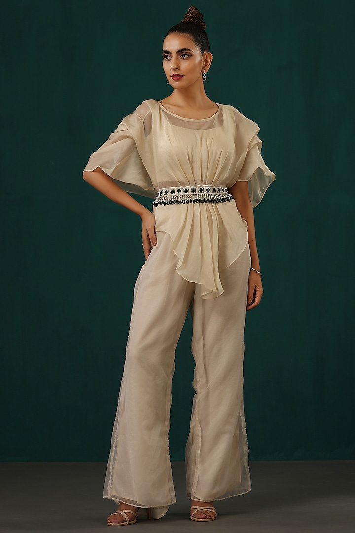 Ivory Satin & Crepe Cape Set by MINAKI WOMANZ at Pernia's Pop Up Shop