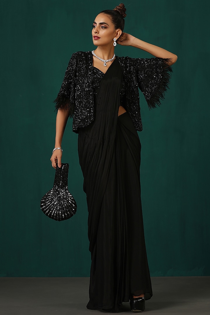 Black Georgette & Crepe Sequins Embellished Jacket Draped Saree Set by MINAKI WOMANZ at Pernia's Pop Up Shop