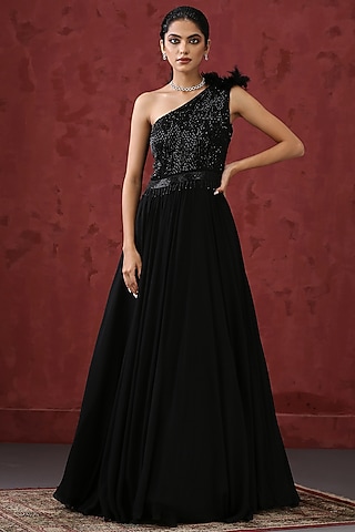 Black Embellished Georgette Gown by MINAKI WOMANZ