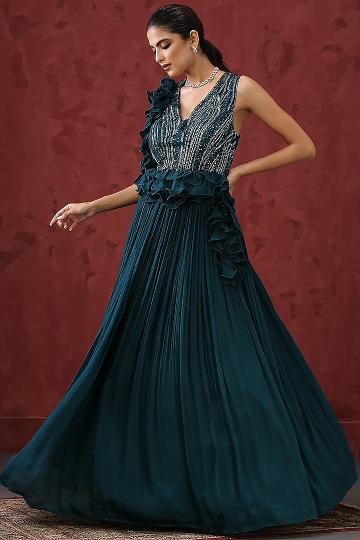 Midnight Green Embroidered Party Wear Gown by MINAKI WOMANZ at Pernia's Pop  Up Shop