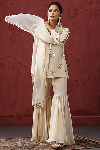 Off White Georgette Sharara Set by MINAKI WOMANZ