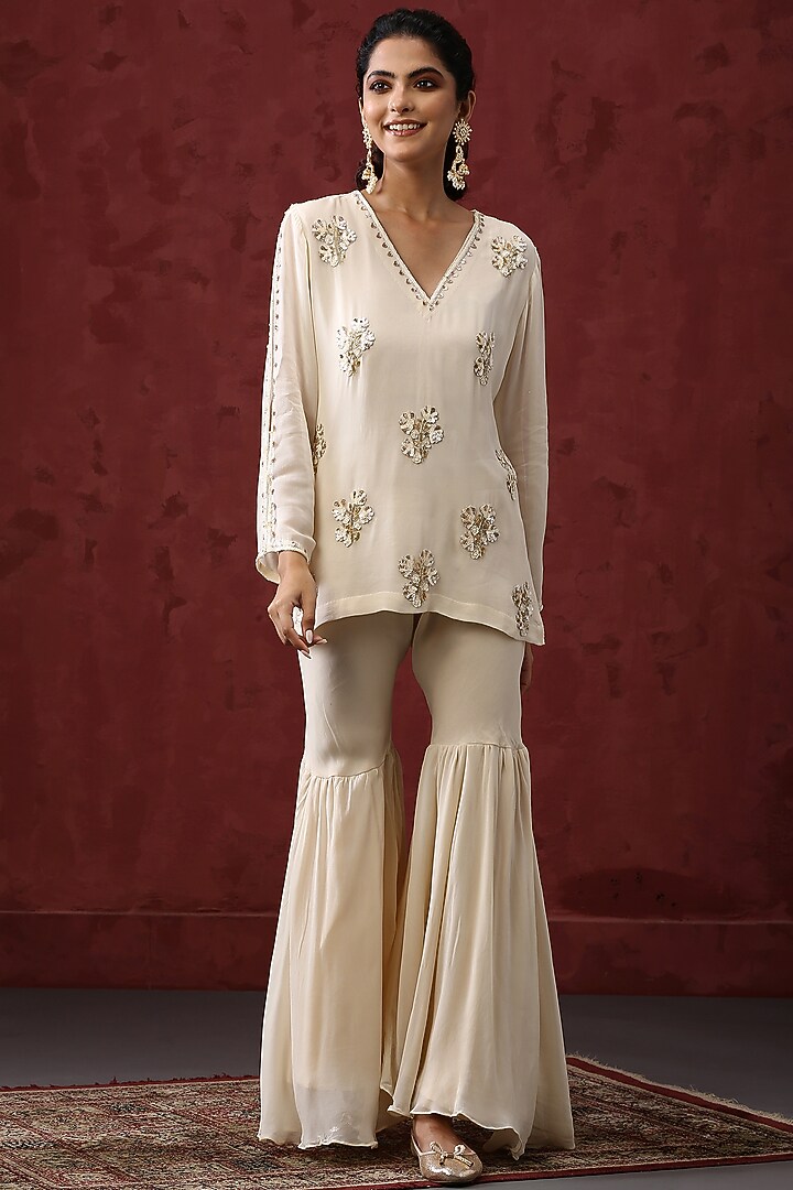 Off White Georgette Wedding Sharara Set by MINAKI WOMANZ at Pernia's Pop Up Shop