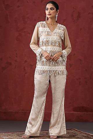 Cream Embellished Pant Set by MINAKI WOMANZ
