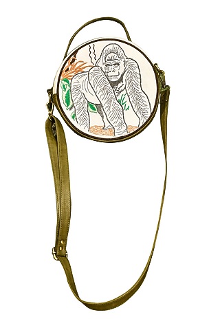 White & Olive Green Embroidered Round Sling Bag by Mixmitti