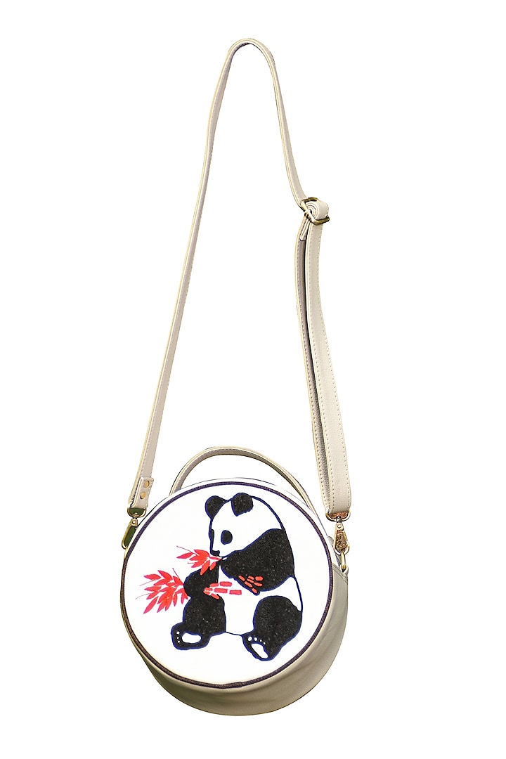 White & Grey Embroidered Round Sling Bag by Mixmitti