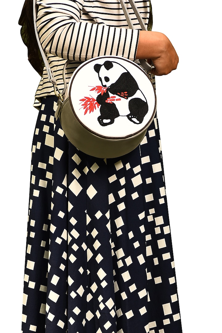 White & Grey Embroidered Round Sling Bag by Mixmitti at Pernia's Pop Up Shop