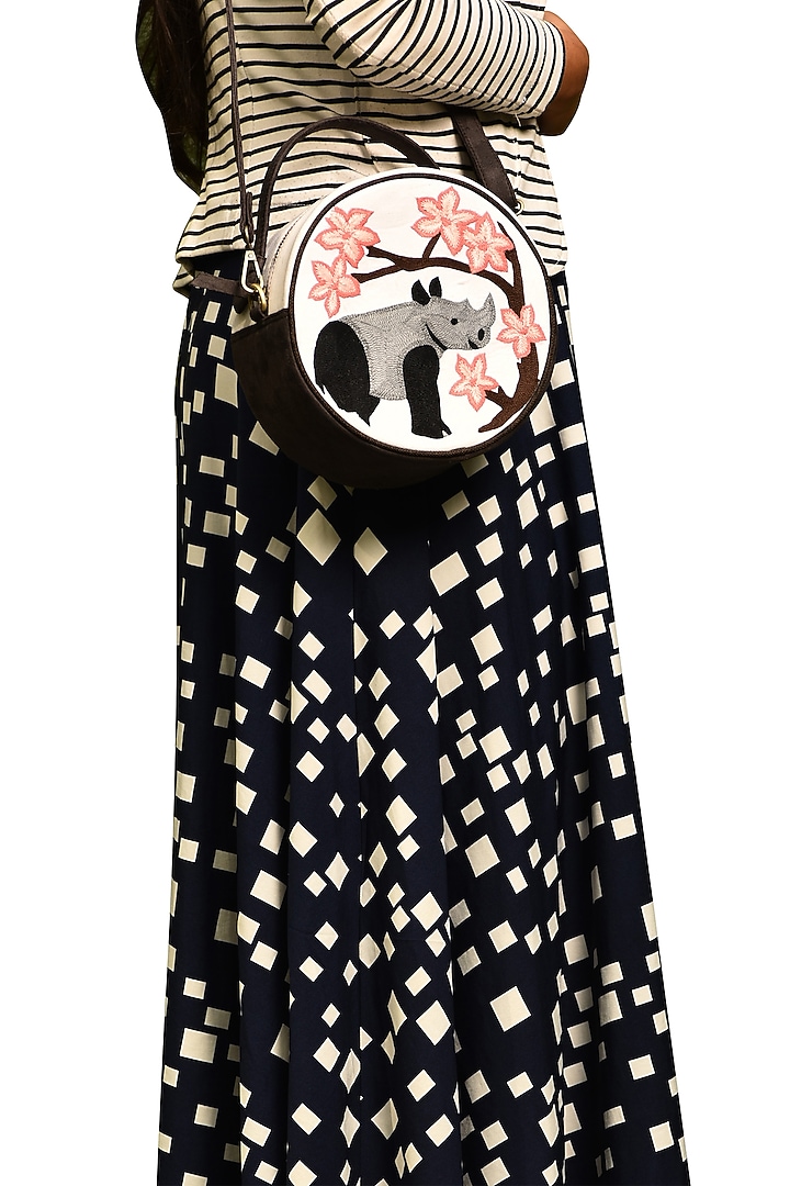 White & Dark Grey Embroidered Round Sling Bag by Mixmitti at Pernia's Pop Up Shop