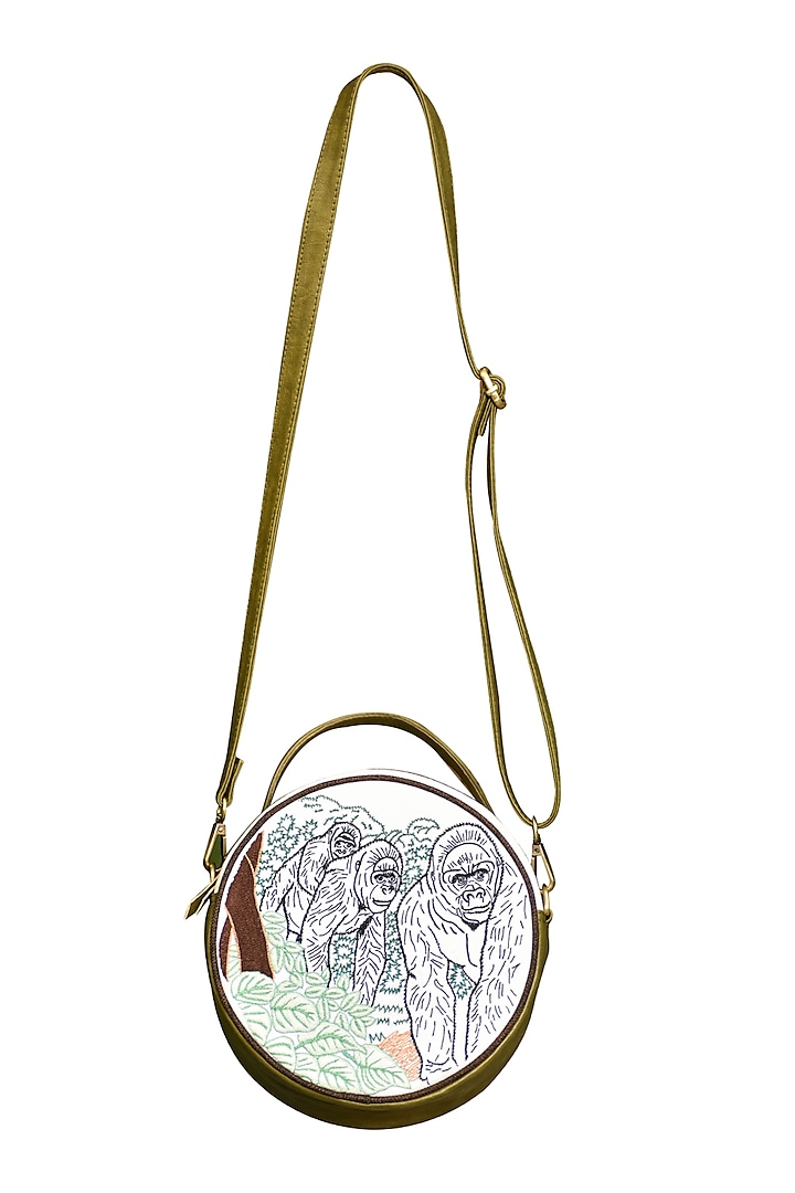 Olive Green & White Embroidered Round Sling Bag by Mixmitti