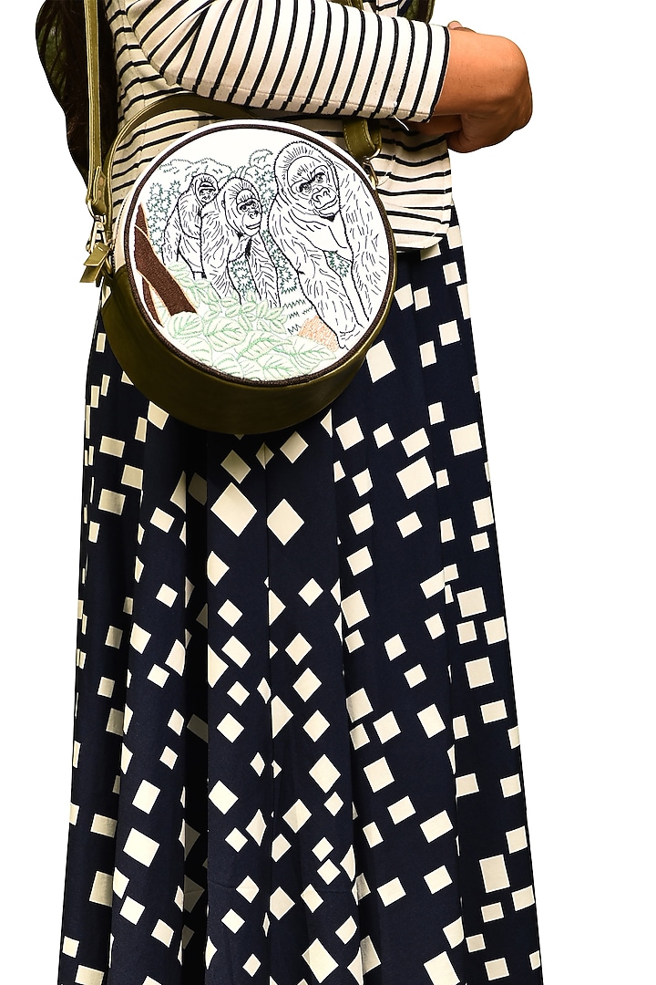 Olive Green & White Embroidered Round Sling Bag by Mixmitti at Pernia's Pop Up Shop