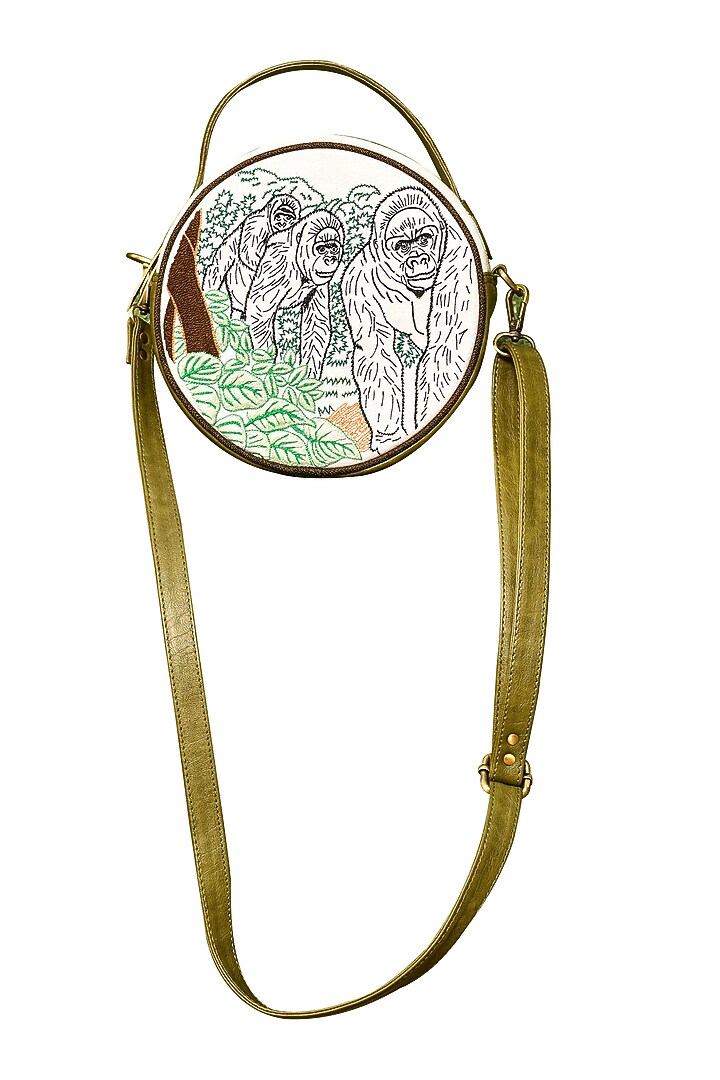 Olive Green & White Embroidered Round Sling Bag by Mixmitti at Pernia's Pop Up Shop