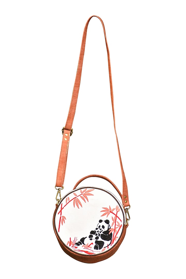 Salmon Pink & White Embroidered Round Sling Bag by Mixmitti