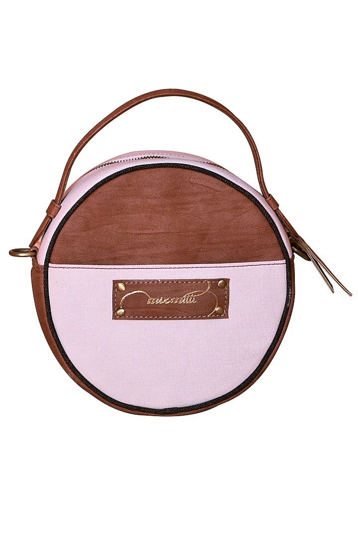 Salmon Pink & White Embroidered Round Sling Bag by Mixmitti at Pernia's Pop Up Shop