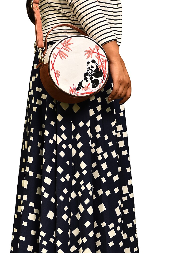 Salmon Pink & White Embroidered Round Sling Bag by Mixmitti at Pernia's Pop Up Shop