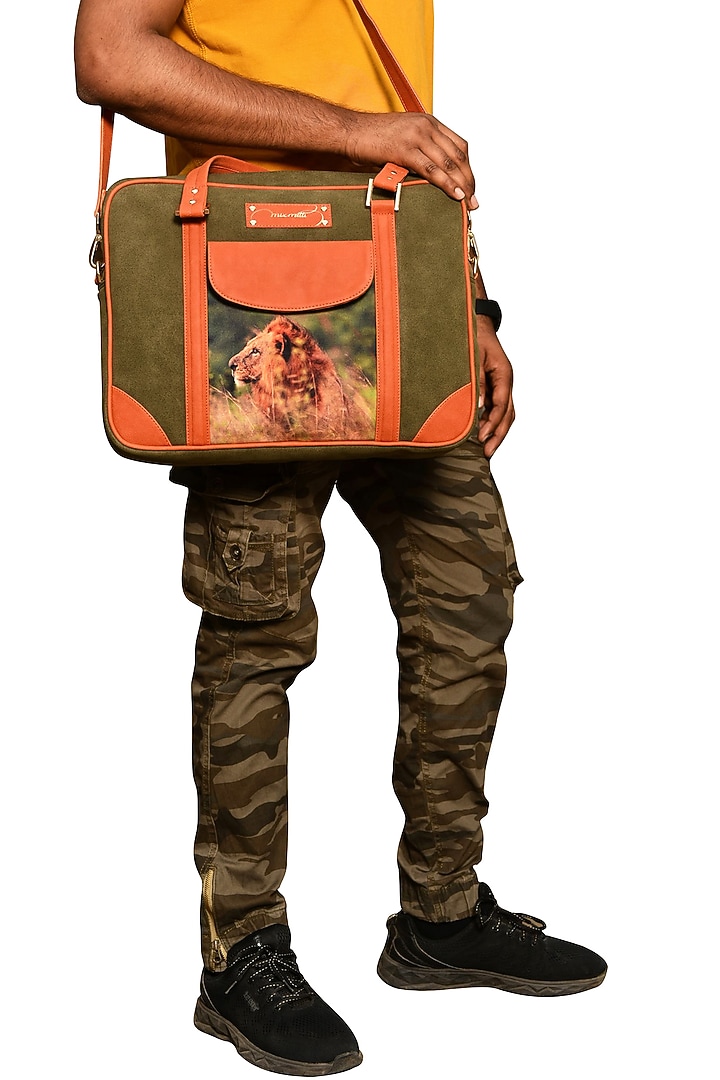 Olive Green Printed Laptop Bag by Mixmitti at Pernia's Pop Up Shop