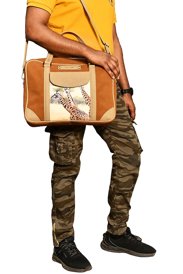 Tan Brown Printed Laptop Bag by Mixmitti at Pernia's Pop Up Shop